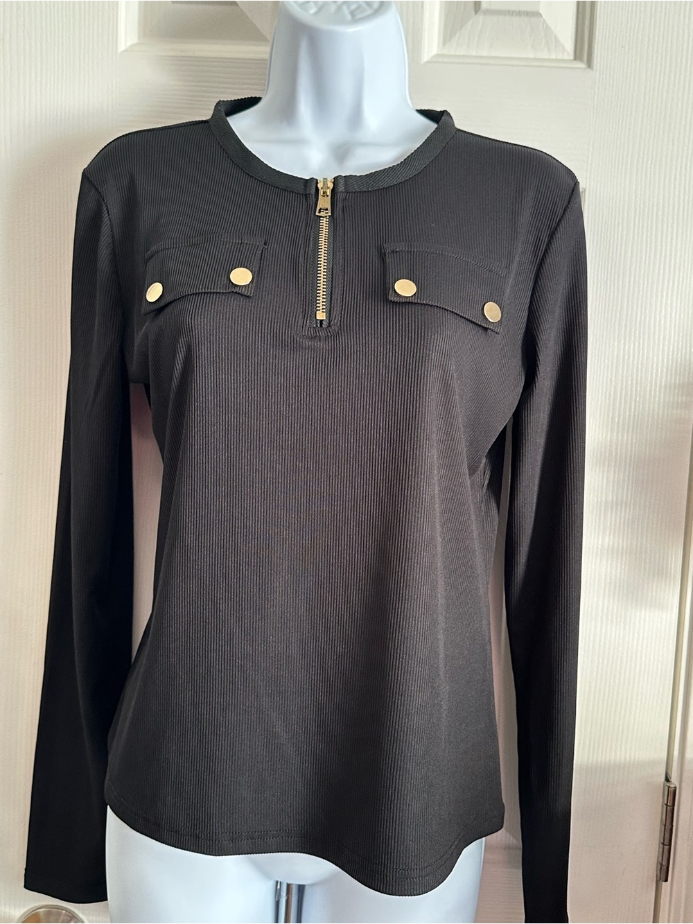 Black Long Sleeve Zip Front Top with Gold Buttons